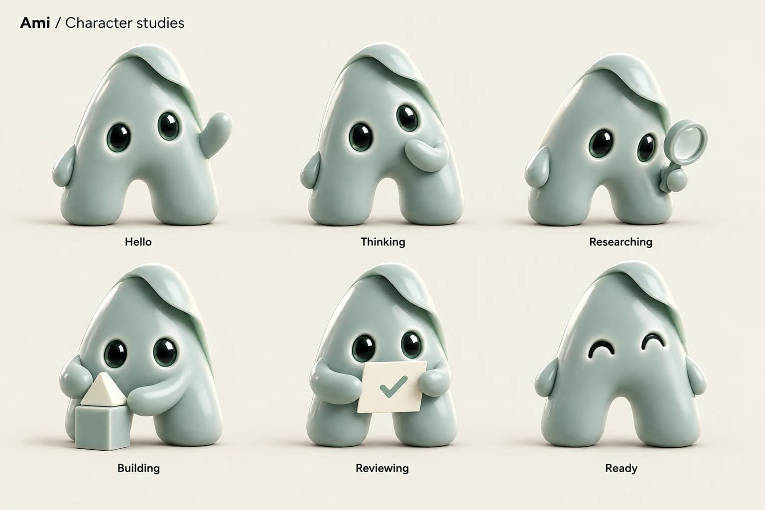 Ami greeting, thinking, and researching — different roles, one shared team